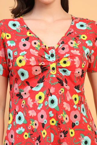 New mom wearing red Maternity Tops; shows flattering post-delivery fit and Zipless.