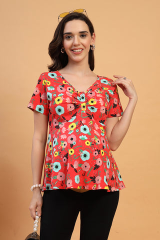 Side or angle view of Floral Maternity Top for Zipless Feeding - Red showing the Maternity Tops silhouette and fit.
