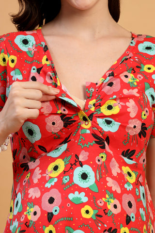 Model wears red Maternity Tops; stylish maternity fit with Zipless function.