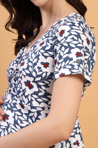 Side or angle view of Floral Maternity Top for Zipless Feeding - Navy showing the Maternity Tops silhouette and fit.