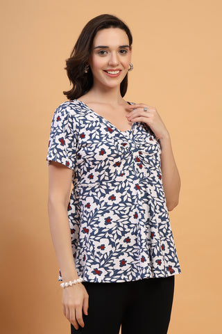 Detailed view of Floral Maternity Top for Zipless Feeding - Navy Zipless access and Cotton construction.