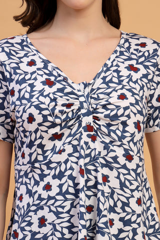 Interior view of Floral Maternity Top for Zipless Feeding - Navy showing Zipless.
