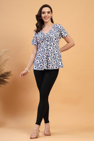 Side or angle view of Floral Maternity Top for Zipless Feeding - Navy showing the Maternity Tops silhouette and fit.