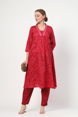 High-quality image of the Rayon texture and finish of the Embroidered Floral Foil Kurta Set.