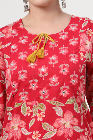 Model action shot of the Floral Zip Cotton Kurta Set, demonstrating ease of movement and fit.
