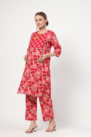 Comfort-focused image of the Floral Zip Cotton Cotton Kurta Set, designed for style through pregnancy and postpartum.
