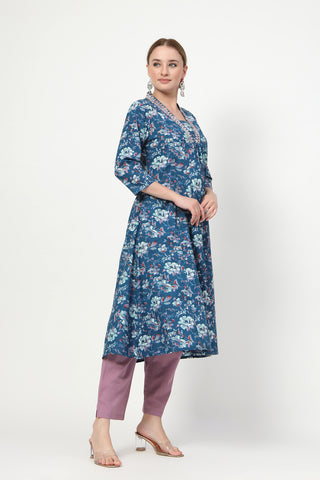High-quality image of the Cotton texture and finish of the Embroidered Floral Cotton Kurta Set.