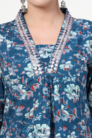 High-quality image of the Cotton texture and finish of the Embroidered Floral Cotton Kurta Set.