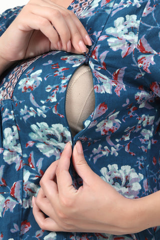 Full-length shot of model wearing the Embroidered Floral Cotton Kurta Set. Emphasizes the comfortable Flattering A-Line.