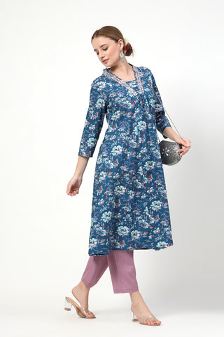 High-quality image of the Cotton texture and finish of the Embroidered Floral Cotton Kurta Set.