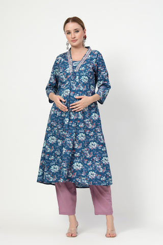 Side profile of the Embroidered Floral Cotton Kurta Set, showing the smooth drape of the Cotton fabric.