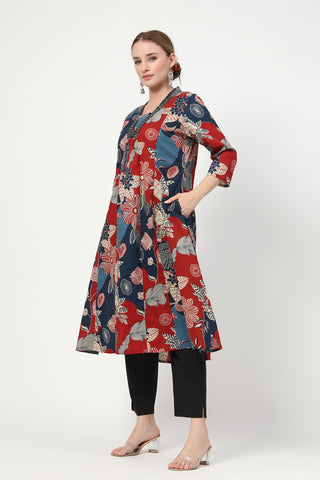 Model action shot of the Embroidered Floral Cotton Kurta Set, demonstrating ease of movement and fit.