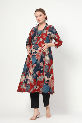 Side profile of the Embroidered Floral Cotton Kurta Set, showing the smooth drape of the Cotton fabric.