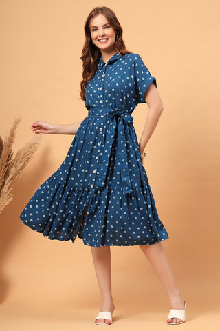 Blue Tie Dye Tiered Dress; dot print design provides style and comfortable fit for daily wear.