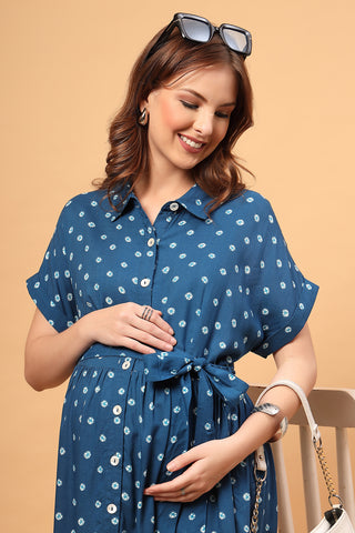Tie Dye Dots Dress; tiered fit is suitable for wear during pregnancy and postpartum phases.
