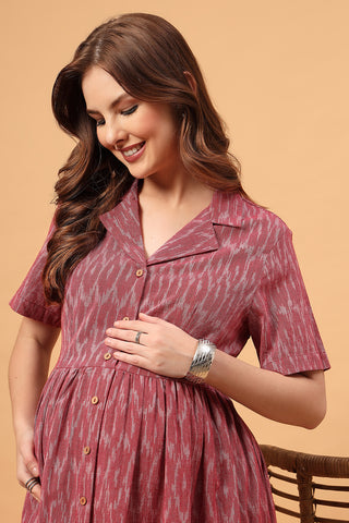 Ira Ikat Zipless Feeding Shirt Dress-Rose Ember
