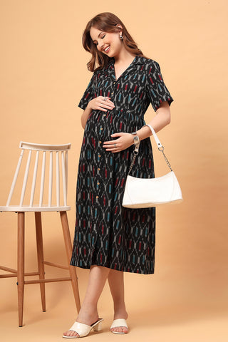 The Ira Edit Zipless Feeding Shirt Dress-Charcoal Ikat Edition