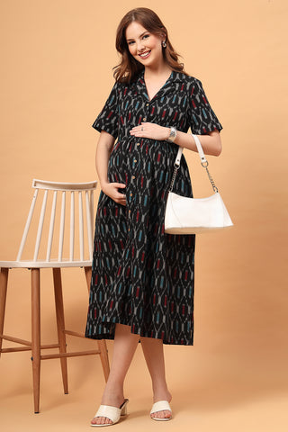 The Ira Edit Zipless Feeding Shirt Dress-Charcoal Ikat Edition
