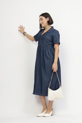 Maternity Denim Zipless Feeding Dress - Denim Blue