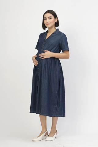 Maternity Denim Zipless Feeding Dress - Denim Blue