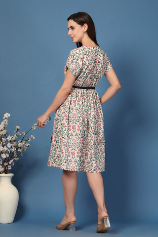 Close Up of Cotton Fabric Detail on Annie Baroque Printed Zipless Feeding Shirt Dress