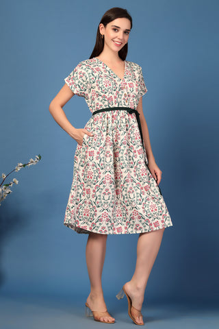 Soft Cotton Texture of Annie Baroque Printed Zipless Feeding Shirt Dress - Breathable & Comfy