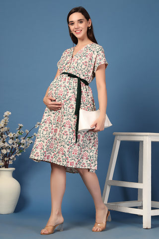 Woman wearing Annie Baroque Printed Zipless Feeding Shirt Dress in Stylish - Pre & Post Pregnancy