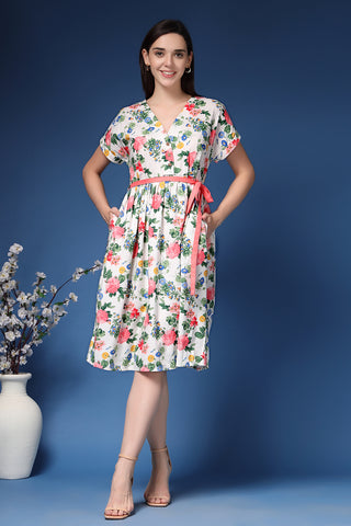 Back View of Marisa Belted Floral Cotton Poplin Zipless Feeding Shirt Dress - Flattering Silhouette for Pregnancy