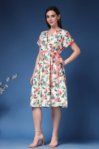 Soft Cotton Texture of Marisa Belted Floral Cotton Poplin Zipless Feeding Shirt Dress - Breathable & Comfy