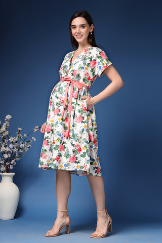 Detail of Hidden Feeding Zips & Pockets on Marisa Belted Floral Cotton Poplin Zipless Feeding Shirt Dress for