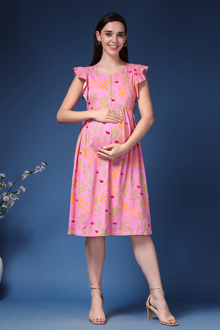 https://houseofzelena.com/collections/maternity-dresses/products/the-flutter-sleeve-feeding-dress-with-ruffles-pockets-radiance