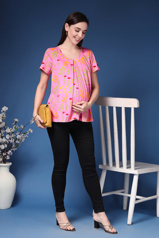 Baby Pink Feeding Top; stretch V neck allows fast breastfeeding access.