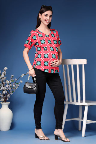 Red Maternity Top; color adds vibrancy to a maternity wardrobe.