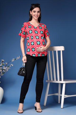 Red Feeding Top; side zip allows fast breastfeeding access.