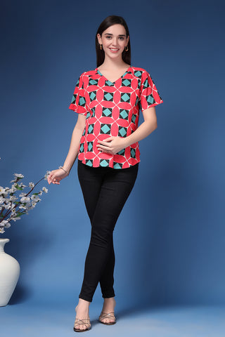 Model side view; shows garment fit across the body.