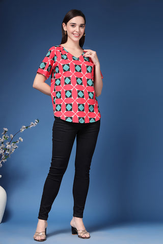 Red Top Neckline; neckline sits high for modesty and coverage.