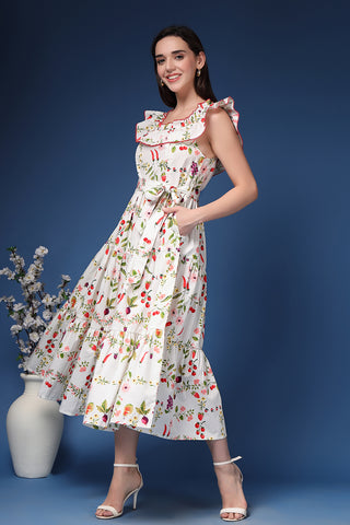 Woman wearing Off-Shoulder Cotton Maternity Feeding Dress in Multi - Pre & Post Pregnancy