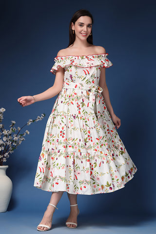 Off-Shoulder Cotton Maternity Feeding Dress Front View - Multi Cotton Maternity Dress with Feeding Zips & Pockets