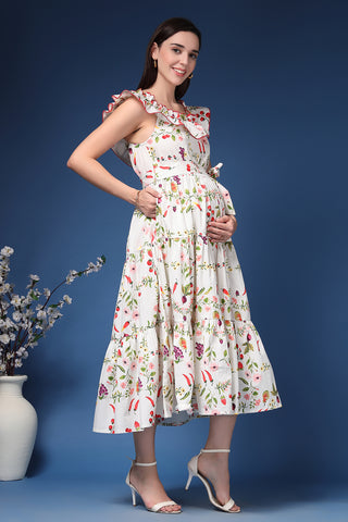 Practical Cotton Feeding Dress with Pockets - Off-Shoulder Cotton Maternity Feeding Dress