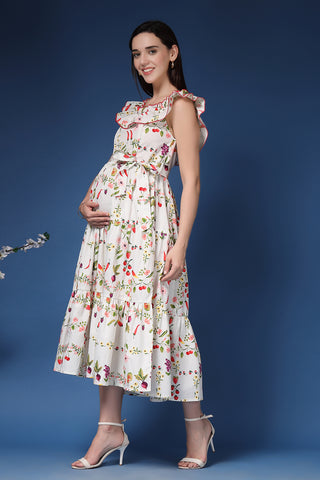 Studio Shot of Off-Shoulder Cotton Maternity Feeding Dress showing Cotton Design Quality