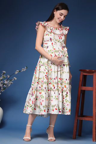 Off-Shoulder Cotton Maternity Feeding Dress Front View - Multi Cotton Maternity Dress with Feeding Zips & Pockets