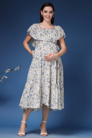 Off-Shoulder Cotton Maternity Feeding Dress Front View - Off White Cotton Maternity Dress with Feeding Zips & Pockets