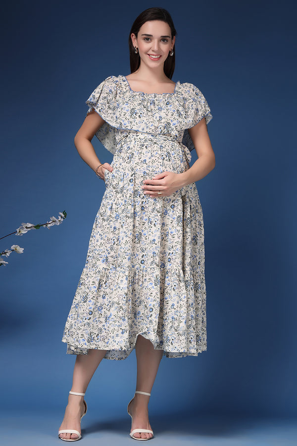 Off-Shoulder Cotton Maternity Feeding Dress Front View - Off White Cotton Maternity Dress with Feeding Zips & Pockets
