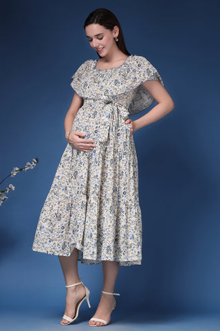 Stylish Off White Maternity Wear - Off-Shoulder Cotton Maternity Feeding Dress for New Moms