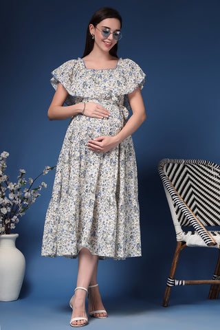 Woman wearing Off-Shoulder Cotton Maternity Feeding Dress in Off White - Pre & Post Pregnancy