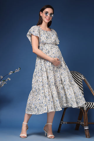 Detail of Hidden Feeding Zips & Pockets on Off-Shoulder Cotton Maternity Feeding Dress for Breastfeeding