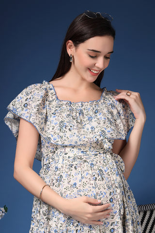 Elegant Off White Look of Off-Shoulder Cotton Maternity Feeding Dress - Perfect for Any Occasion