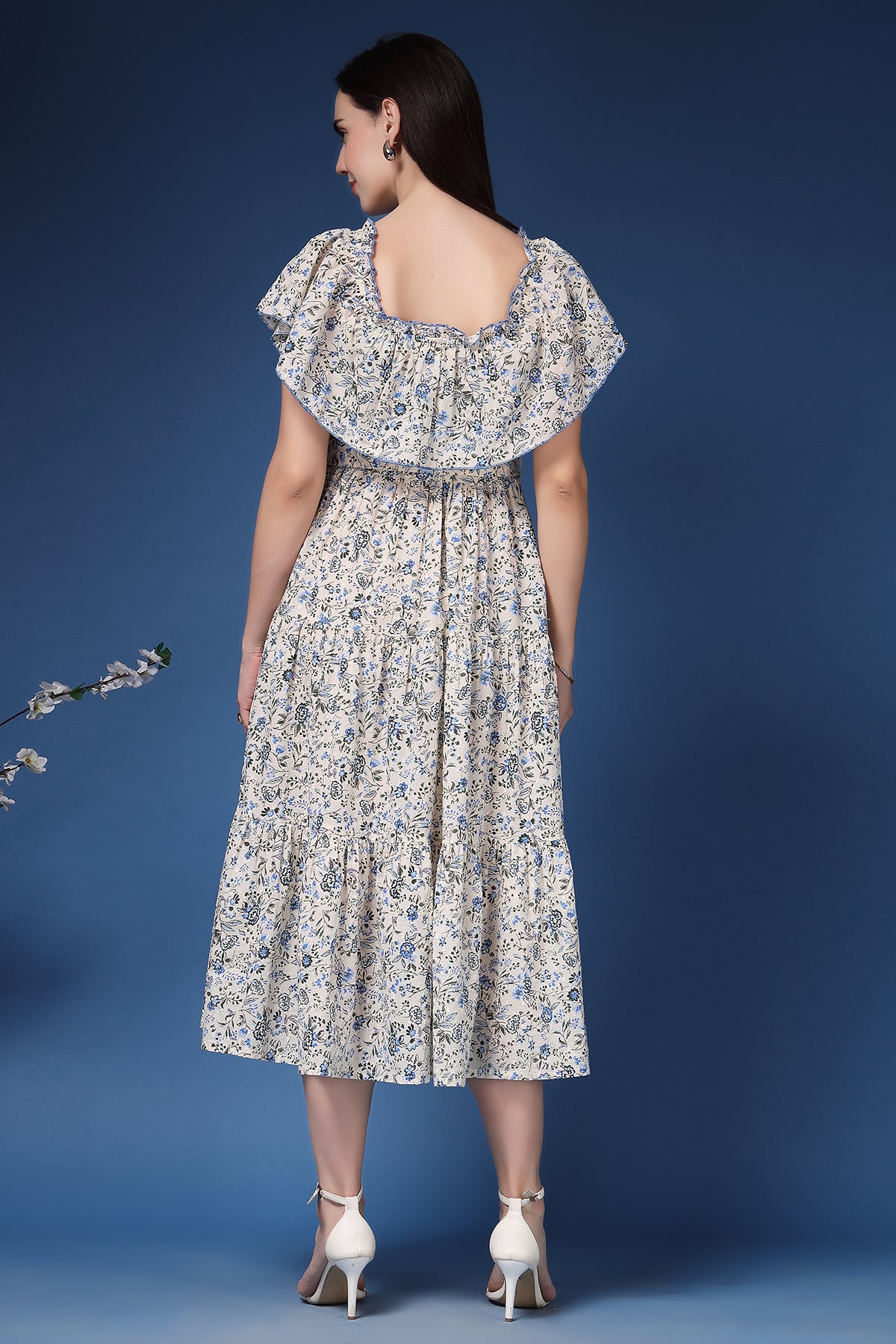 party wear feeding dresses Floral Nursing Dress With Pockets -Bell Sleeve- Navy Floral