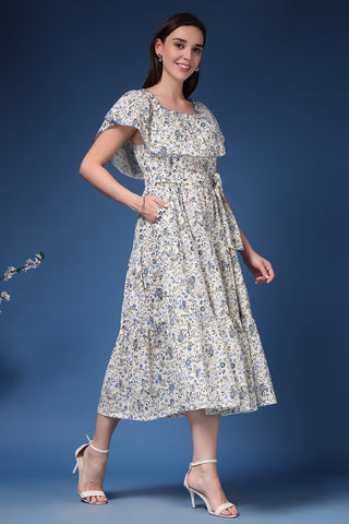 Off-Shoulder Cotton Maternity Feeding Dress Front View - Off White Cotton Maternity Dress with Feeding Zips & Pockets