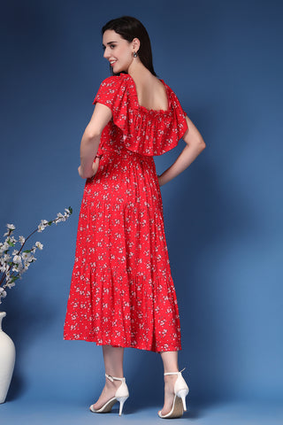 Woman wearing Off-Shoulder Cotton Maternity Feeding Dress in Red - Pre & Post Pregnancy